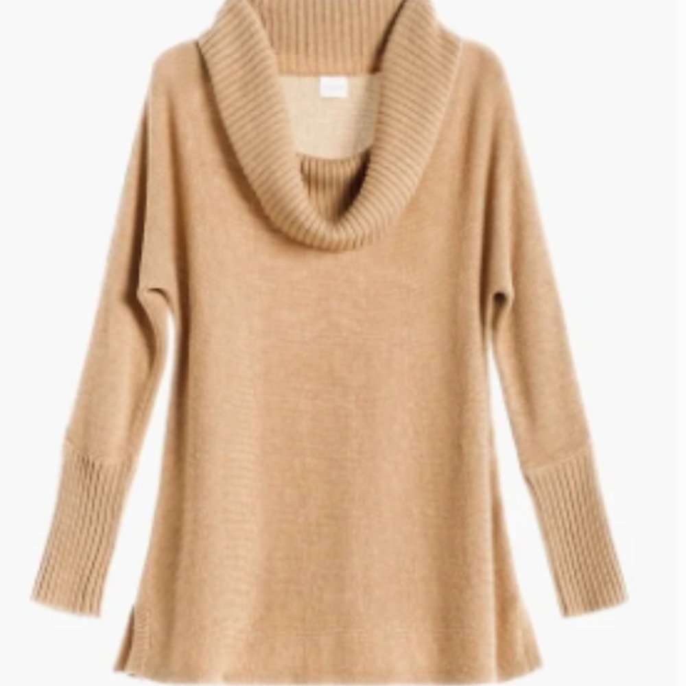 NWT Chico's Hayden Cowl Neck Sweater Sharkbite Hem On Off Shoulder Camel Long-2